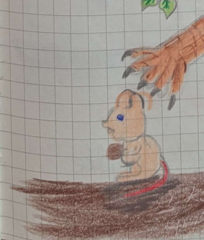 Ashs Farbstiftskizze einer Wühlmaus mit einer Eichel, über der sich eine Katzenpfote zum Sprung bereitmacht.